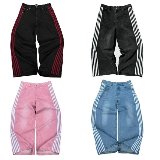 Mandotos Y2K baggy jeans with vintage striped embroidery, wide-leg streetwear sweatpants for men and women, hip hop casual style.