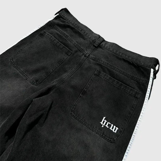 Mandotos Y2K baggy jeans with vintage striped embroidery, wide-leg streetwear sweatpants for men and women, hip hop casual style