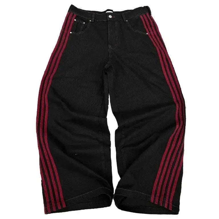 Mandotos Y2K baggy jeans with vintage striped embroidery, wide-leg streetwear sweatpants for men and women, casual hip-hop style