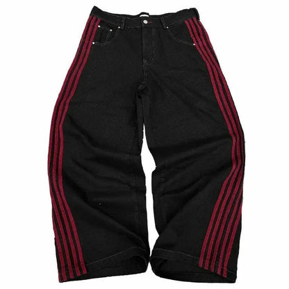 Mandotos Y2K baggy jeans with vintage striped embroidery, wide-leg streetwear sweatpants for men and women, casual hip-hop style