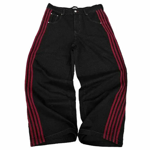 Mandotos Y2K baggy jeans with vintage striped embroidery, wide-leg streetwear sweatpants for men and women, casual hip-hop style