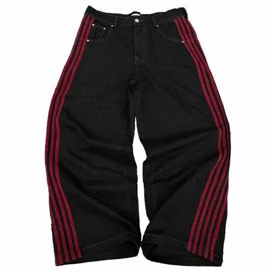 Mandotos Y2K baggy jeans with vintage striped embroidery, wide-leg streetwear sweatpants for men and women, casual hip-hop style