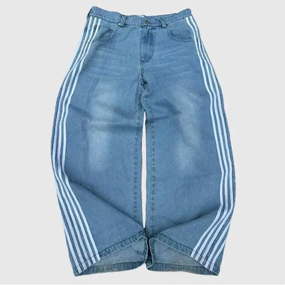 Mandotos Y2K Baggy Jeans with striped embroidery, vintage style, wide-leg fit, casual streetwear for men and women.