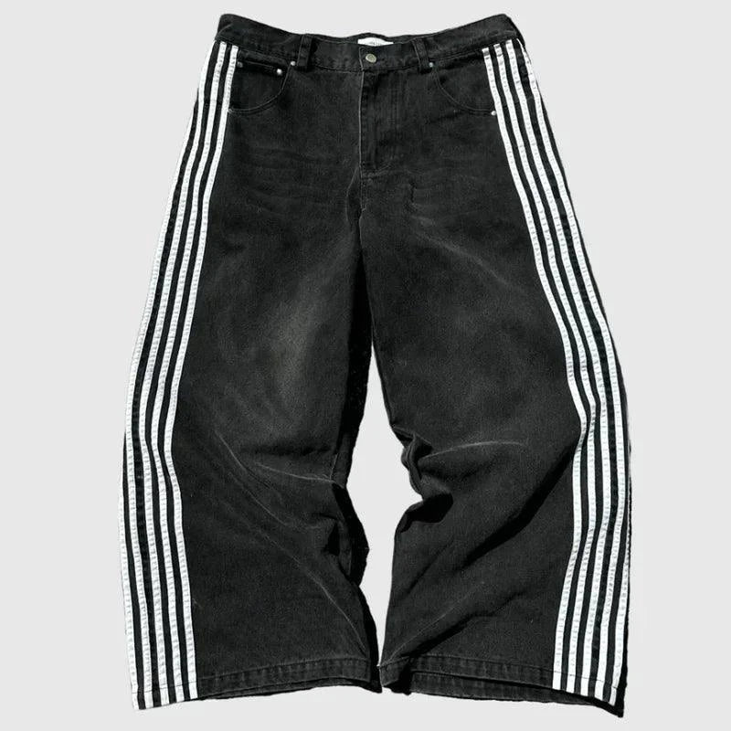 Mandotos Y2K baggy jeans with vintage striped embroidery, wide-leg fit, casual streetwear style for men and women.