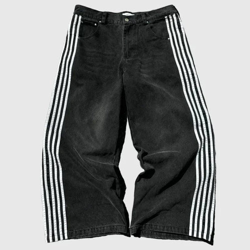 Mandotos Y2K baggy jeans with vintage striped embroidery, wide-leg fit, casual streetwear style for men and women.