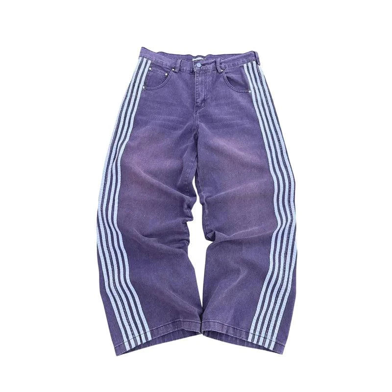 Mandotos Y2K baggy jeans with vintage Harajuku style, striped embroidery, wide-leg fit, casual streetwear for men and women.