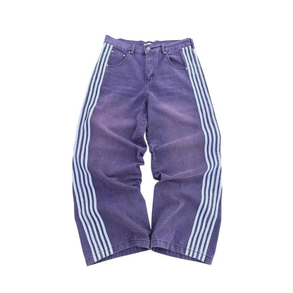 Mandotos Y2K baggy jeans with vintage Harajuku style, striped embroidery, wide-leg fit, casual streetwear for men and women.