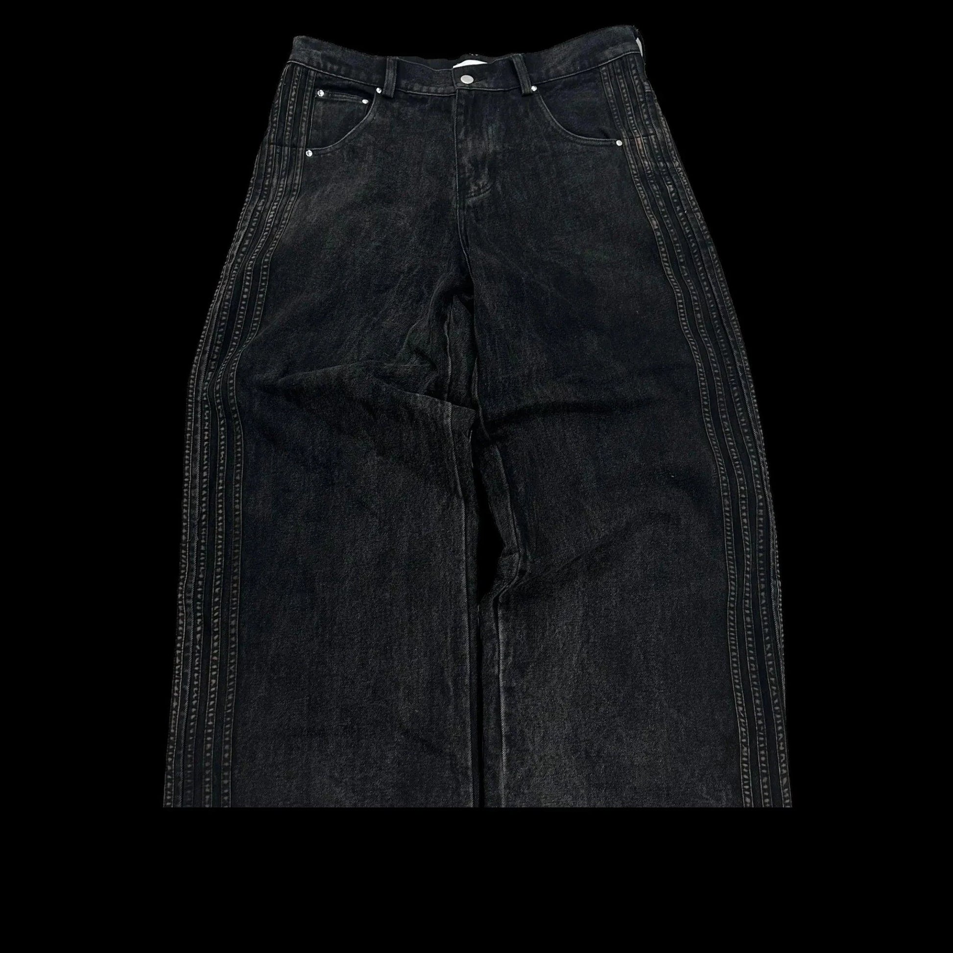 Mandotos Y2K baggy jeans with vintage striped embroidery, wide-leg streetwear sweatpants for men and women, casual hip hop style.