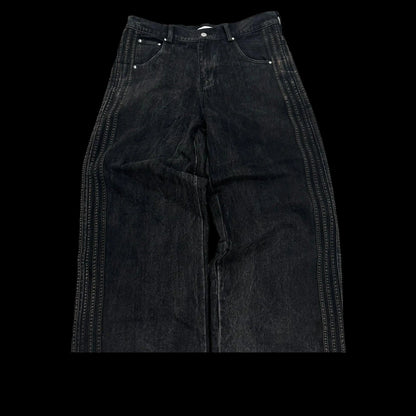 Mandotos Y2K baggy jeans with vintage striped embroidery, wide-leg streetwear sweatpants for men and women, casual hip hop style.