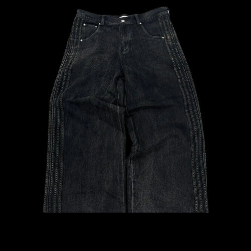 Mandotos Y2K baggy jeans with vintage striped embroidery, wide-leg streetwear sweatpants for men and women, casual hip hop style.