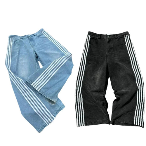 Mandotos Y2K baggy jeans with embroidered stripes, wide-leg denim streetwear sweatpants for men and women, casual hip hop style.