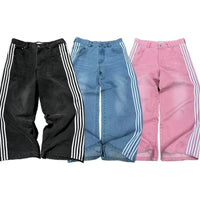 Mandotos Y2K baggy jeans with embroidered stripes, wide-leg denim sweatpants, streetwear style for men and women.