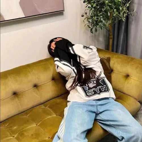 Mandotos Y2K baggy jeans with embroidered stripes, wide-leg denim streetwear pants for men and women, casual hip-hop style