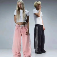 Mandotos Y2K baggy jeans with embroidered stripes, wide-leg denim, suitable for men and women, streetwear casual style.