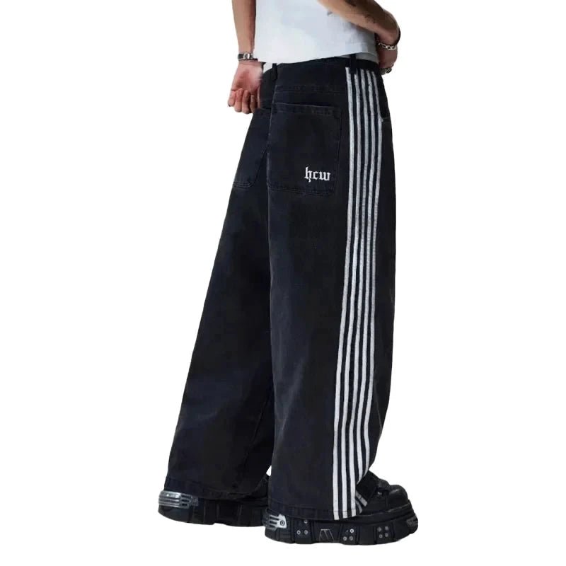 Mandotos Y2K baggy jeans with embroidered stripes, wide-leg denim streetwear sweatpants for men and women, casual hip-hop style