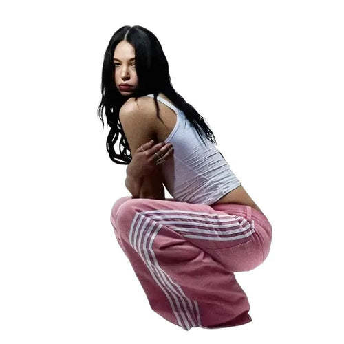 Mandotos Y2K baggy denim jeans with embroidered striped details, wide-leg fit, suitable for streetwear, unisex casual wear.
