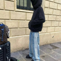 Mandotos Y2K baggy denim jeans with embroidered striped details, wide-leg fit, suitable for men and women streetwear fashion.