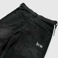 Mandotos Y2K baggy jeans with embroidered stripes, wide-leg denim, suitable for men and women, streetwear, casual, hip-hop style.