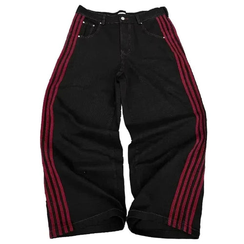 Mandotos Y2K baggy jeans with embroidered stripes, wide-leg denim, streetwear style for men and women, casual hip-hop fashion.