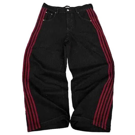 Mandotos Y2K baggy jeans with embroidered stripes, wide-leg denim, streetwear style for men and women, casual hip-hop fashion.