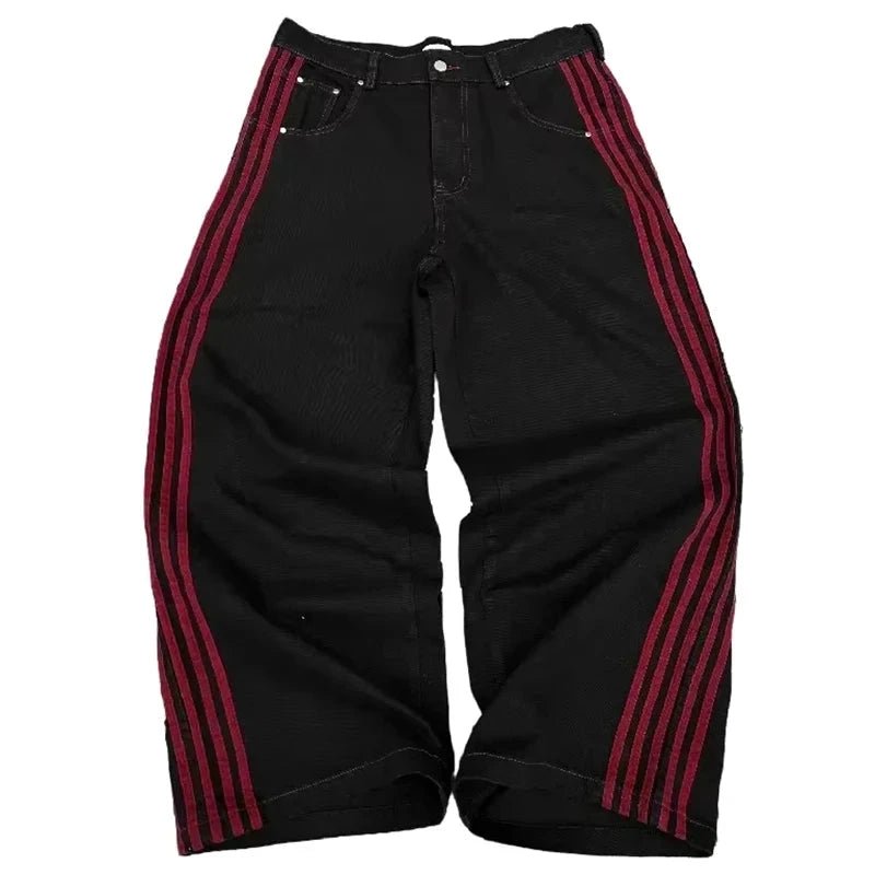 Mandotos Y2K baggy jeans with embroidered stripes, wide-leg denim, streetwear style for men and women, casual hip-hop fashion.