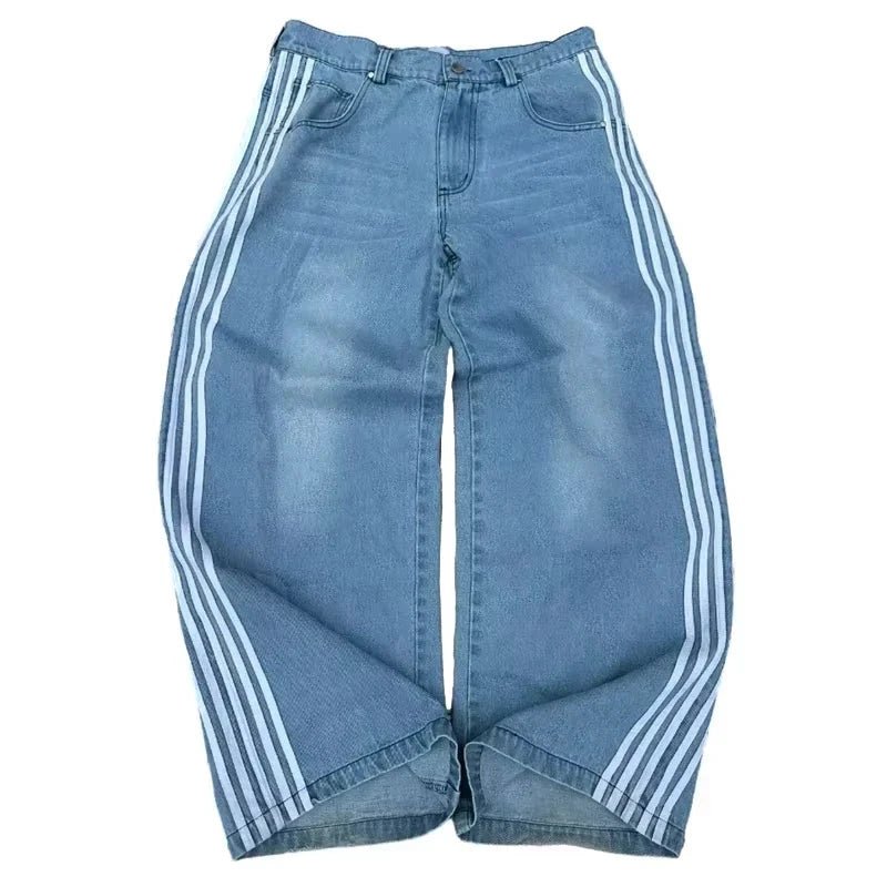 Mandotos Y2K baggy jeans with embroidered striped design, wide-leg denim streetwear pants for men and women.