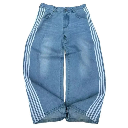 Mandotos Y2K baggy jeans with embroidered striped design, wide-leg denim streetwear pants for men and women.