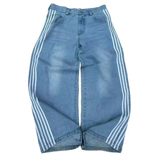 Mandotos Y2K baggy jeans with embroidered striped design, wide-leg denim streetwear pants for men and women.