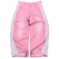 Mandotos Y2K baggy jeans with embroidered striped design, wide-leg denim streetwear sweatpants for men and women.