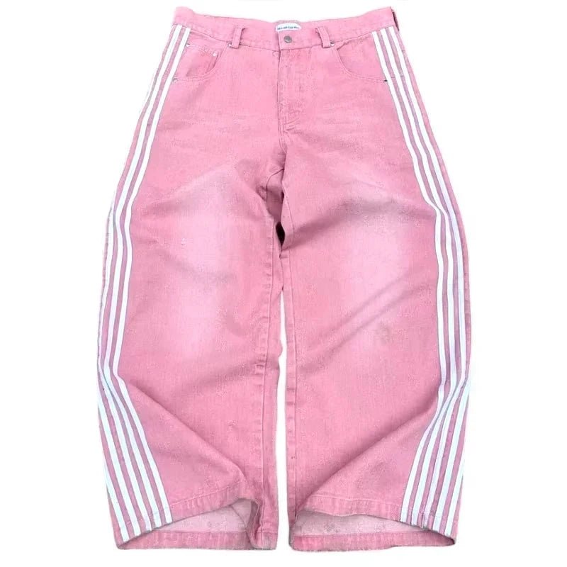 Mandotos Y2K baggy jeans with embroidered striped design, wide-leg denim streetwear sweatpants for men and women.
