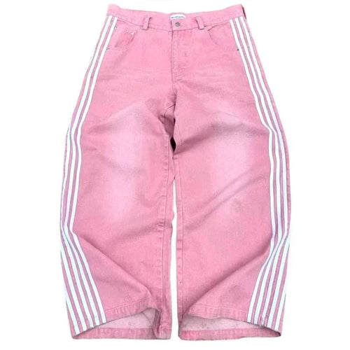 Mandotos Y2K baggy jeans with embroidered striped design, wide-leg denim streetwear sweatpants for men and women.