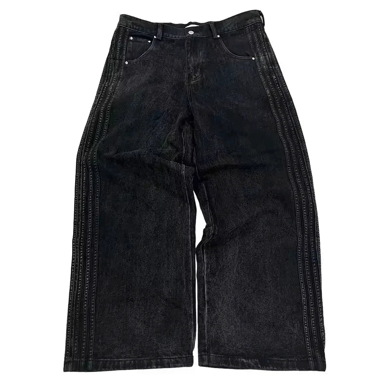 Mandotos Y2K baggy jeans with embroidered stripes, wide-leg denim, suitable for men and women, streetwear and casual wear.