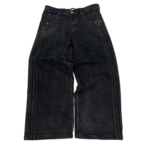 Mandotos Y2K baggy jeans with embroidered stripes, wide-leg denim, suitable for men and women, streetwear and casual wear.