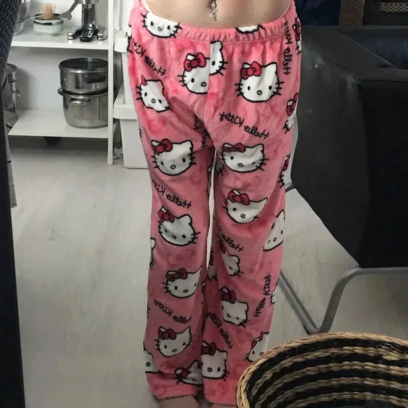 Mandotos Y2K Hello Kitty pajama pants featuring Sanrio anime cartoon design, comfortable women's sleepwear trousers for home.