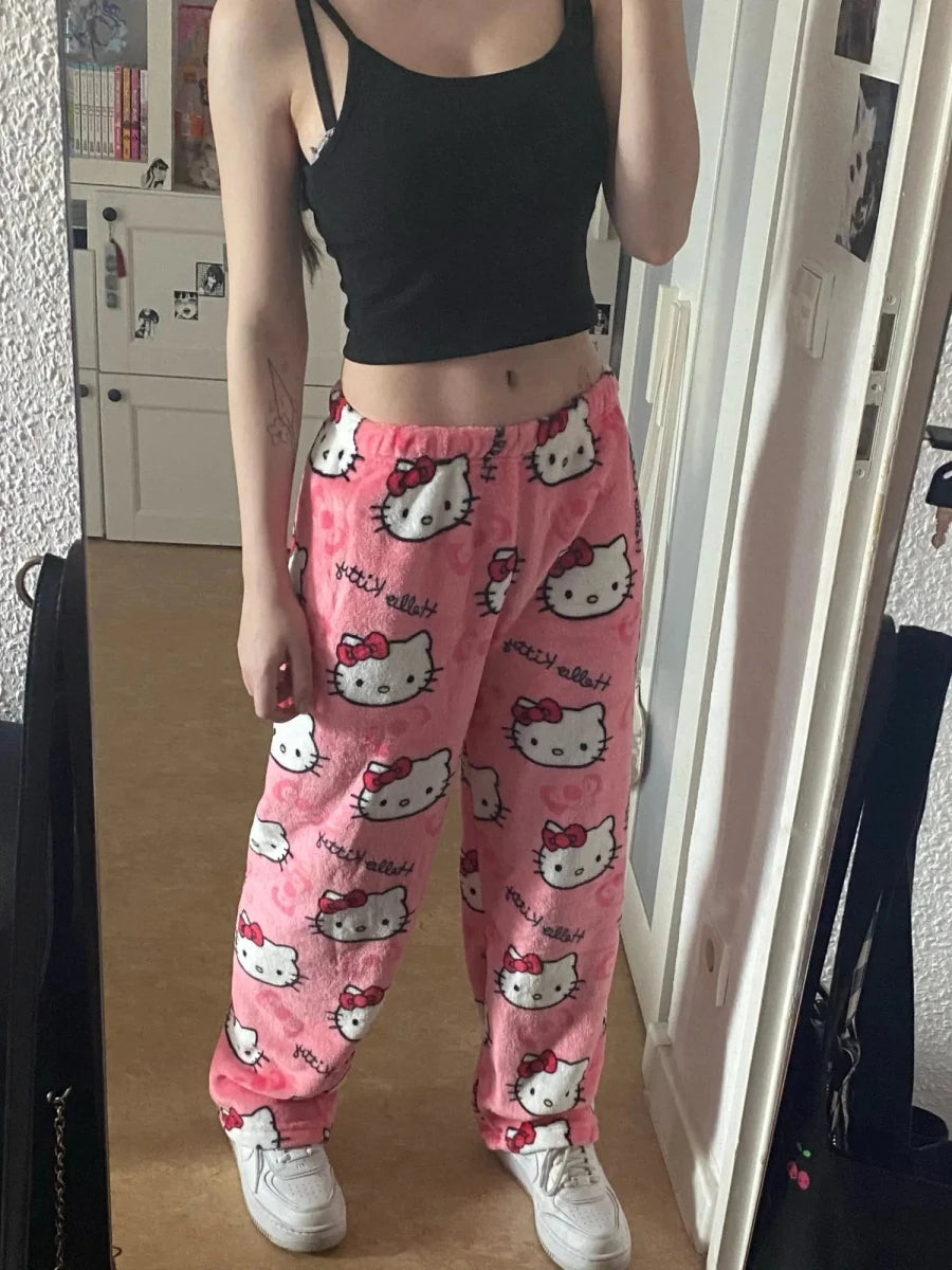Mandotos Y2K Hello Kitty pajama pants for women featuring cartoon Hello Kitty and Sanrio anime design, comfortable leisure sleepwear.