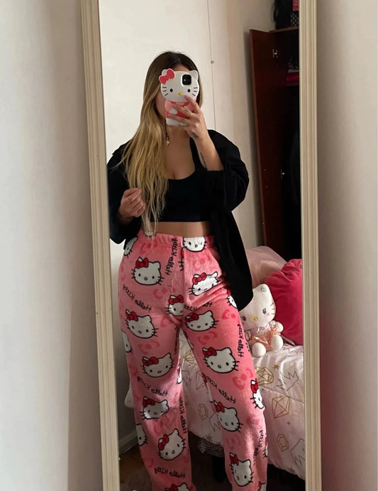 Mandotos Y2K Hello Kitty pajama pants for women featuring cartoon Hello Kitty design, comfortable sleepwear and leisure trousers.
