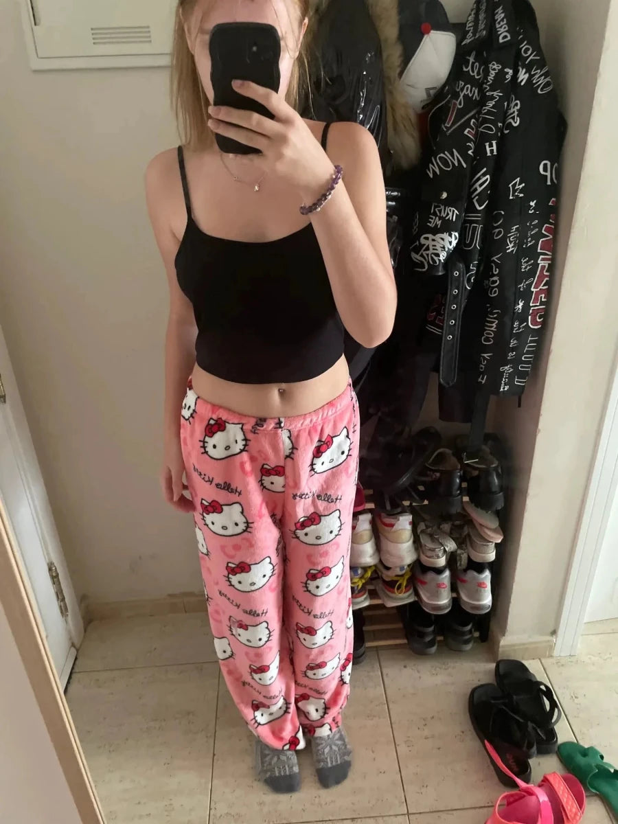 Mandotos Y2K Hello Kitty pajama pants for women featuring cartoon Hello Kitty and Sanrio anime design, comfy leisure sleepwear.