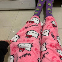 Mandotos Y2K Hello Kitty pajama pants for women featuring cartoon Hello Kitty design, comfortable sleepwear and leisure trousers.