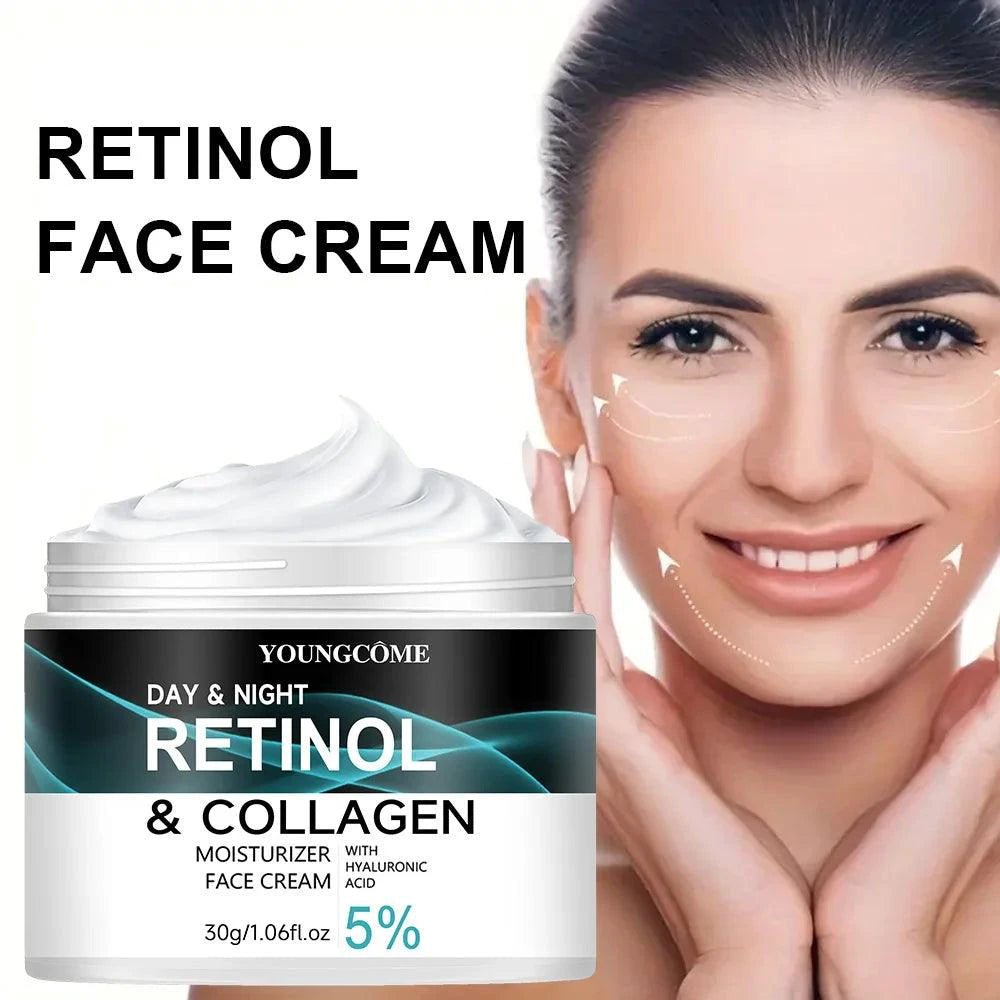 Mandotos Youngcome Retinol Cream jar showing smooth cream texture, promotes skin elasticity, luster, and moisture retention for improved skin.