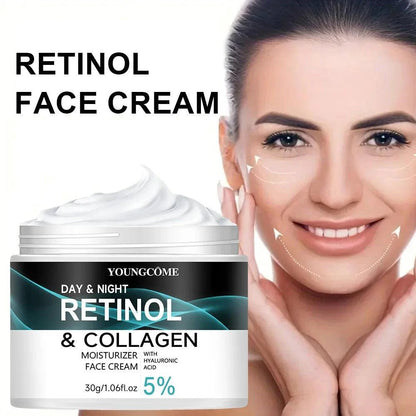 Mandotos Youngcome Retinol Cream jar showing smooth cream texture, promotes skin elasticity, luster, and moisture retention for improved skin.