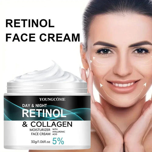 Mandotos Youngcome Retinol Cream jar showing smooth cream texture, promotes skin elasticity, luster, and moisture retention for improved skin.
