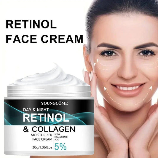 Mandotos Youngcome Retinol Cream jar showing smooth cream texture, promotes skin elasticity, luster, and moisture retention for improved skin.