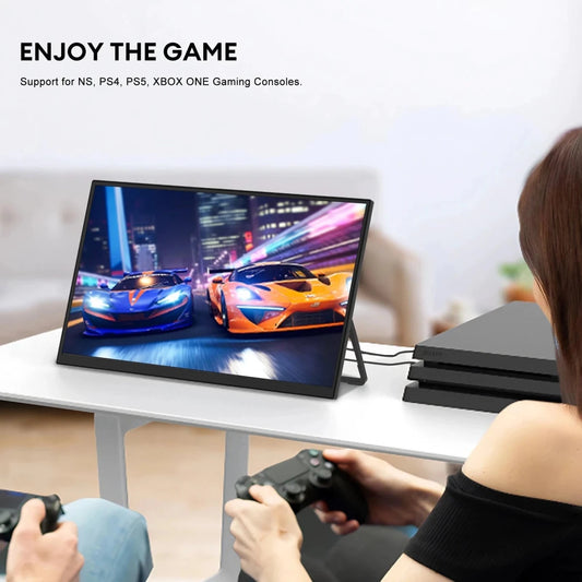 Mandotos ZEUSLAP 18.5-inch portable gaming monitor with 1920x1080P resolution, 100Hz refresh rate, HDMI and Type-C for phones and consoles.