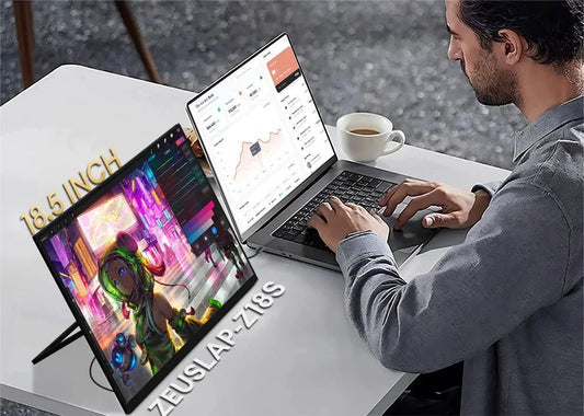 Mandotos ZEUSLAP 18.5-inch portable gaming monitor with 1920x1080 resolution, 100Hz refresh rate, HDMI and Type C ports.