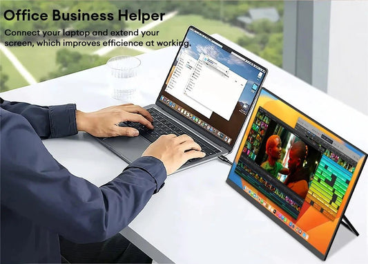 Mandotos ZEUSLAP 18.5-inch portable gaming monitor with 1080p resolution and 100Hz refresh rate, connected to a gaming console or laptop.
