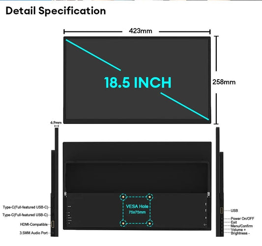 Mandotos ZEUSLAP 18.5-inch portable gaming monitor with 1920x1080 resolution, 100Hz refresh rate, HDMI and Type C for gaming devices