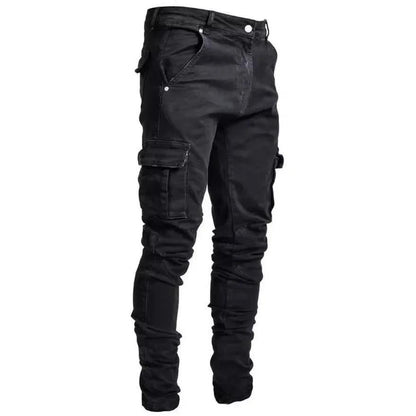 Men Street Elastic Denim Jeans Wash Solid Color Multi Pockets Cargo Pants Casual Slim Fit Daily Wear Joggers Mid Waist Trousers - MANDOTOS