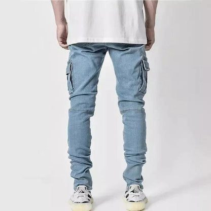 Men Street Elastic Denim Jeans Wash Solid Color Multi Pockets Cargo Pants Casual Slim Fit Daily Wear Joggers Mid Waist Trousers - MANDOTOS