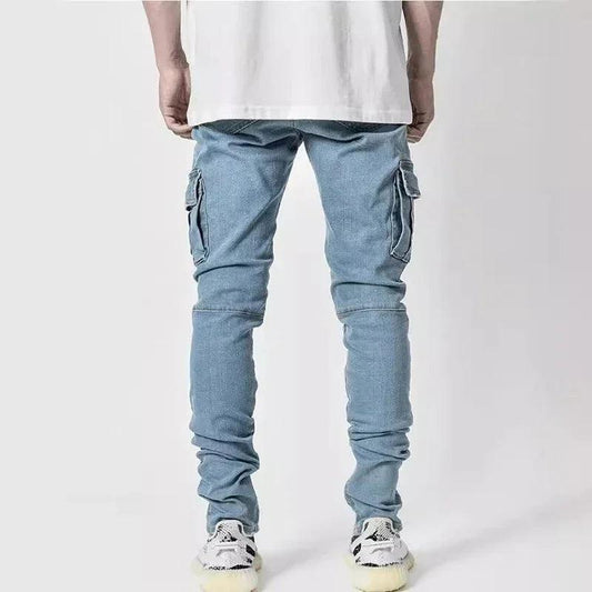 Men Street Elastic Denim Jeans Wash Solid Color Multi Pockets Cargo Pants Casual Slim Fit Daily Wear Joggers Mid Waist Trousers - MANDOTOS