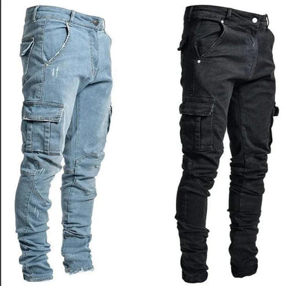 Men Street Elastic Denim Jeans Wash Solid Color Multi Pockets Cargo Pants Casual Slim Fit Daily Wear Joggers Mid Waist Trousers - MANDOTOS